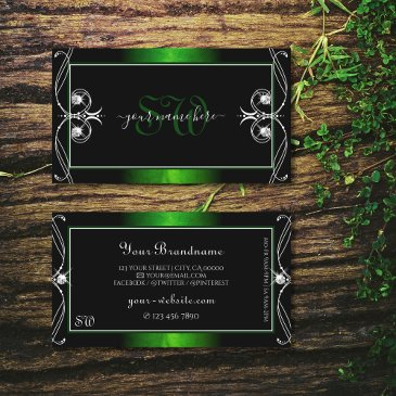 ornate vintage black green sparkle jewels initials business invitations