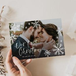 Small Our First Christmas Snowflake Newlywed Photo Holiday Invitations Front View
