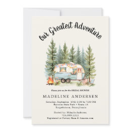 Small Our Greatest Adventure Camping Sage Baby Shower Invitation Front View