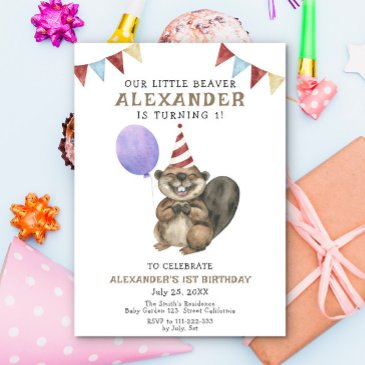 our little beaver is turning one birthday party invitation