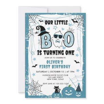 our little boo is turning one blue 1st birthday invitation