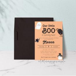 Small Our Little Boo Is Turning Two Birthday Invitation Front View