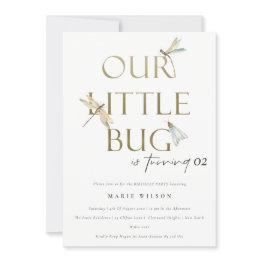 Small Our Little Bug Gold Dragonfly Any Age Birthday Invitation Front View