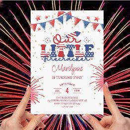 Small Our Little Firecracker 2nd Birthday Invitation Front View