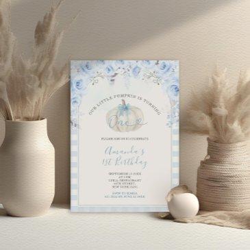 our little pumpkin blue gingham white 1st birthday invitation