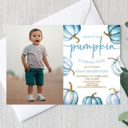 Small Our Little Pumpkin Blue White Fall Birthday Party Invitation Front View