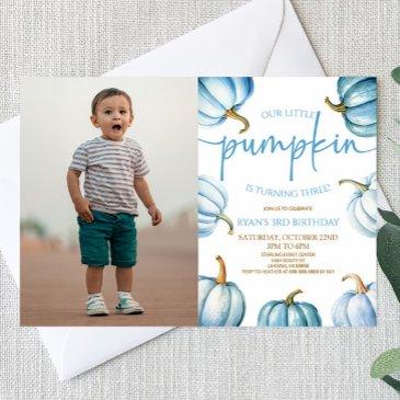 our little pumpkin blue white fall birthday party invitation