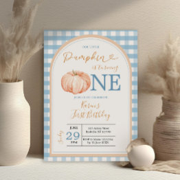 Small Our Little Pumpkin Boho Blue Gingham 1st Birthday Invitation Front View