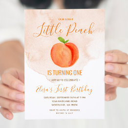 Small Our Little Sweet Peach Birthday Invitation Front View