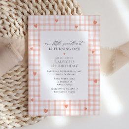 Small Our Little Sweetheart Pink Gingham Girl Birthday Invitation Front View