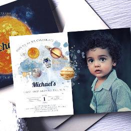 Small Outer Space Planets Boy First Birthday Invitation Front View