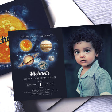 outer space planets boy first birthday invitation