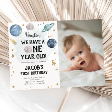 outer space planets boy first birthday invitation