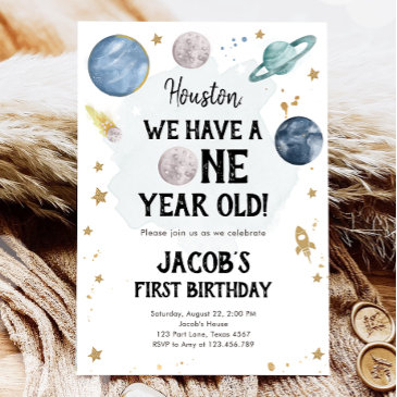 outer space planets boy first birthday invitation