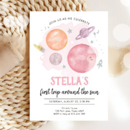 Small Outer Space Planets Girl First Trip 1st Birthday Invitation Front View