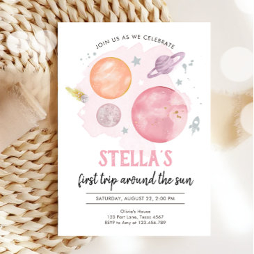 outer space planets girl first trip 1st birthday invitation