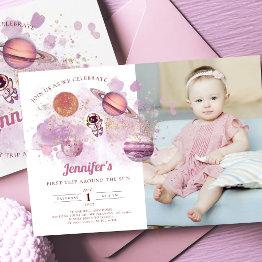 Small Outer Space Planets Girl Pink First Birthday Invitation Front View