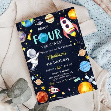 outer space reach four the stars 4th birthday moon invitation