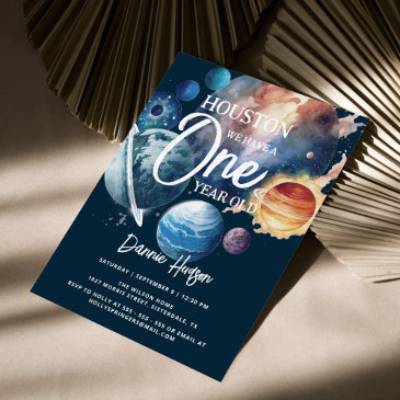 outer space watercolor galaxy 1st birthday invitation