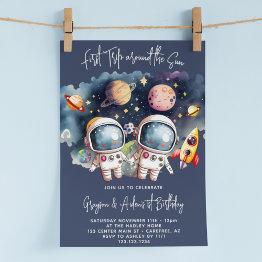 Small Outerspace Planets Twin Boys 1st Birthday Invitation Front View