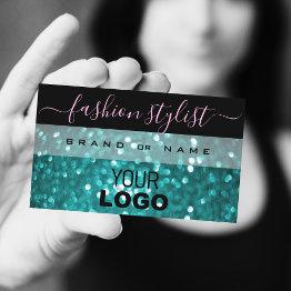 Small Outstanding Black Teal Sparkling Glitter With Logo Business Invitations Front View