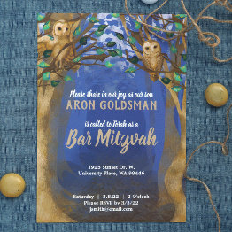 Small Owls, Misty Forest, Blue, Beige Bar Mitzvah Invite Front View