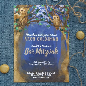 owls, misty forest, blue, beige bar mitzvah invite
