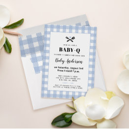 Small Pale Blue Gingham Plaid Baby Shower Bbq Invitation Front View