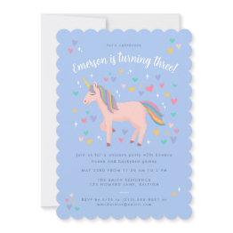 Small Pale Blue Pastel Rainbow Unicorn Birthday Party Invitation Front View