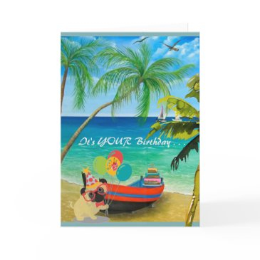 palm trees, water, beach for your birthday invitations