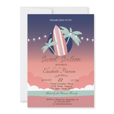 palms,surfing board summer sweet 16 party invitation