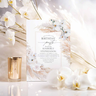 pampas grass and white orchids elegant birthday invitation