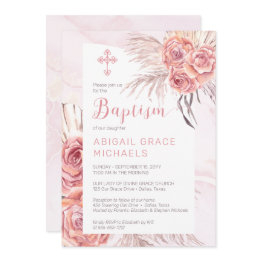 Small Pampas Grass |pink Rose Blooms Girl Baby Baptism Invitation Front View