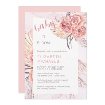 pampas grass |pink roses baby in bloom girl shower invitation