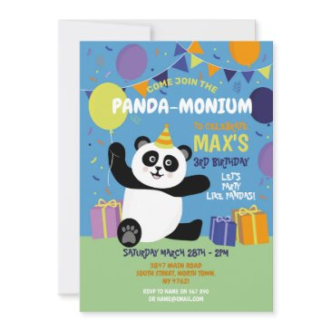 panda party birthday panda-monium blue invitation