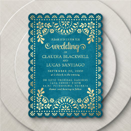 Small Papel Picado Teal Wedding Invitation Front View