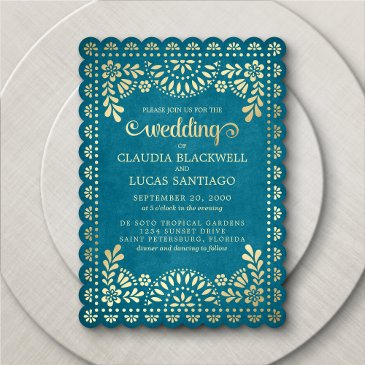 papel picado teal wedding invitation