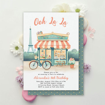 paris bistro eiffel backdrop peach pink sweet 16 invitation