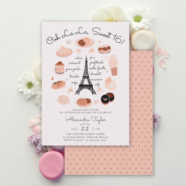 paris eiffel tower desserts pink blush sweet 16 invitation