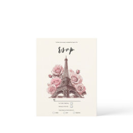 Small Paris Eiffel Tower & Pink Roses Party Wedding Rsvp Invitation Front View