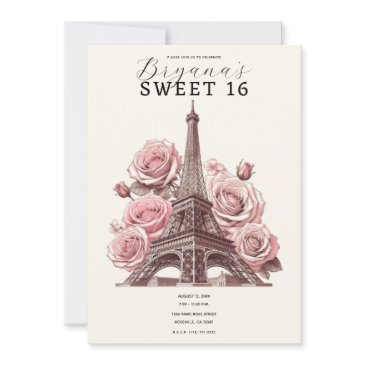 paris eiffel tower & pink roses sweet 16 invitation