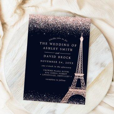 paris eiffel tower rose gold confetti navy wedding invitation