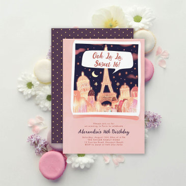 paris night eiffel comics style pink chic sweet 16 invitation