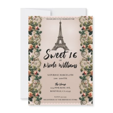 paris pink rose vines eiffel tower sweet 16 invitation