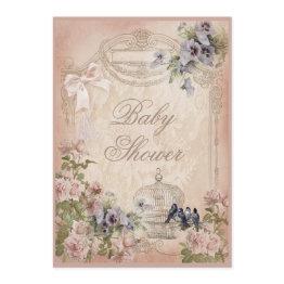 Small Parisian Birdcage, Birds And Flowers Baby Shower Invitation Front View