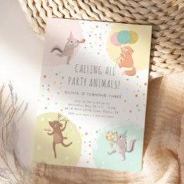 Small Party Animals Colorful Kids' Birthday Party Invitation Front View