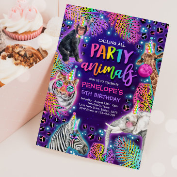 party animals safari neon rainbow cheetah birthday invitation