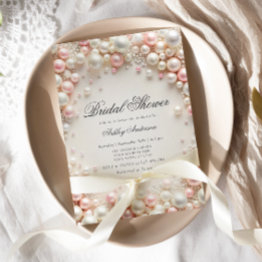 Small Pastel Blush Pearls With Diamonds Bridal Shower Invitation Front View