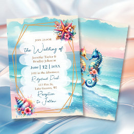 Small Pastel Pink And Blue Ocean View Wedding Invitation Front View
