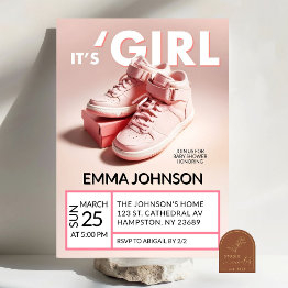 Small Pastel Pink It's A Girl Sneaker Baby Shower Invitation Front View